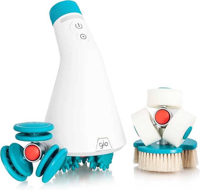Masajeador anti-celulitis eléctrico de diseño ergonómico con 4 cabezales intercambiables para masajes profundos y exfoliación corporal.
