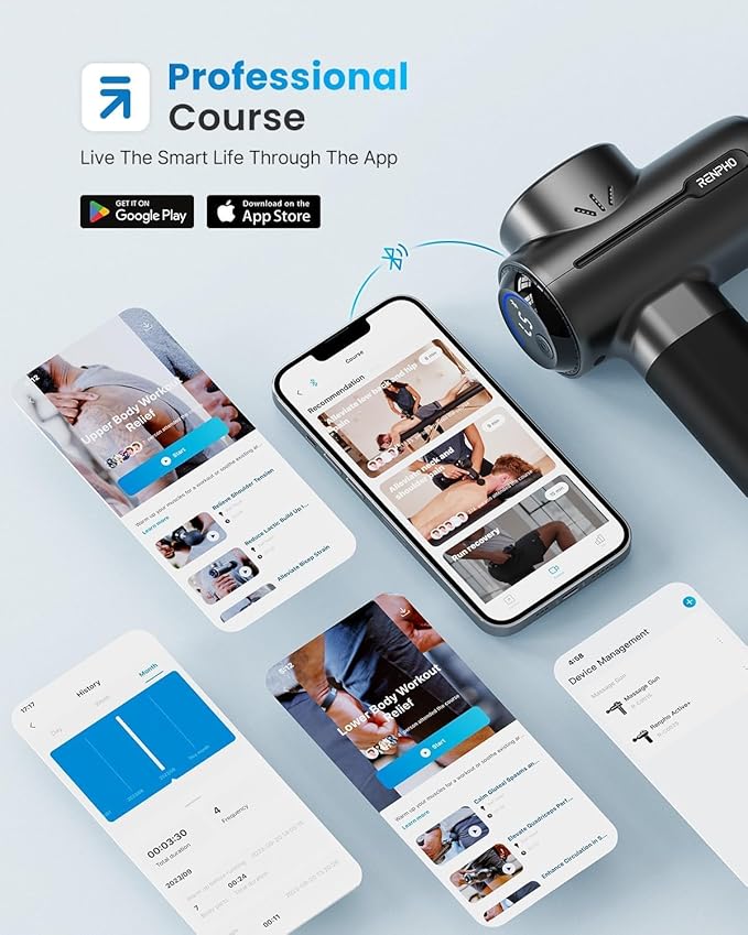 Interfaz de la aplicación Professional Course destacando sesiones de terapia de masaje, gestión de dispositivos y funciones de alivio de ejercicios.