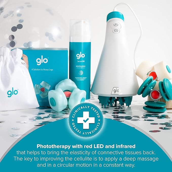 Kit de tratamiento anti-celulitis Glo con fototerapia LED roja e infrarroja clínicamente probada para restaurar la elasticidad de los tejidos conectivos y mejorar el aspecto de la piel.